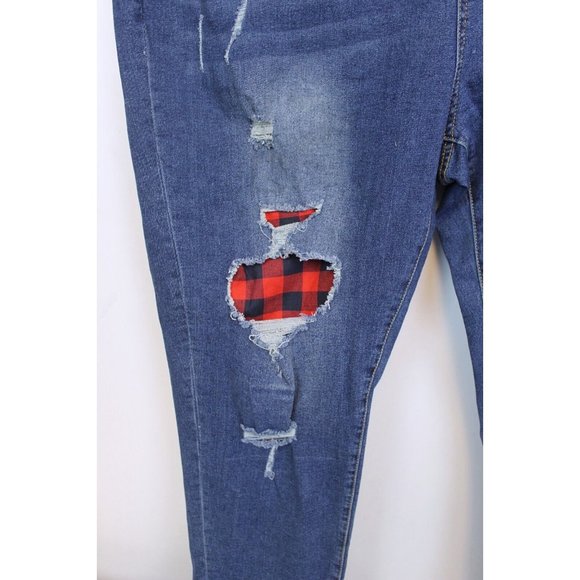 Rose Gal Woman Sz 5XL Dark Wash Jeans Distressed Red & Black Plaid Fabric Under - Picture 2 of 7